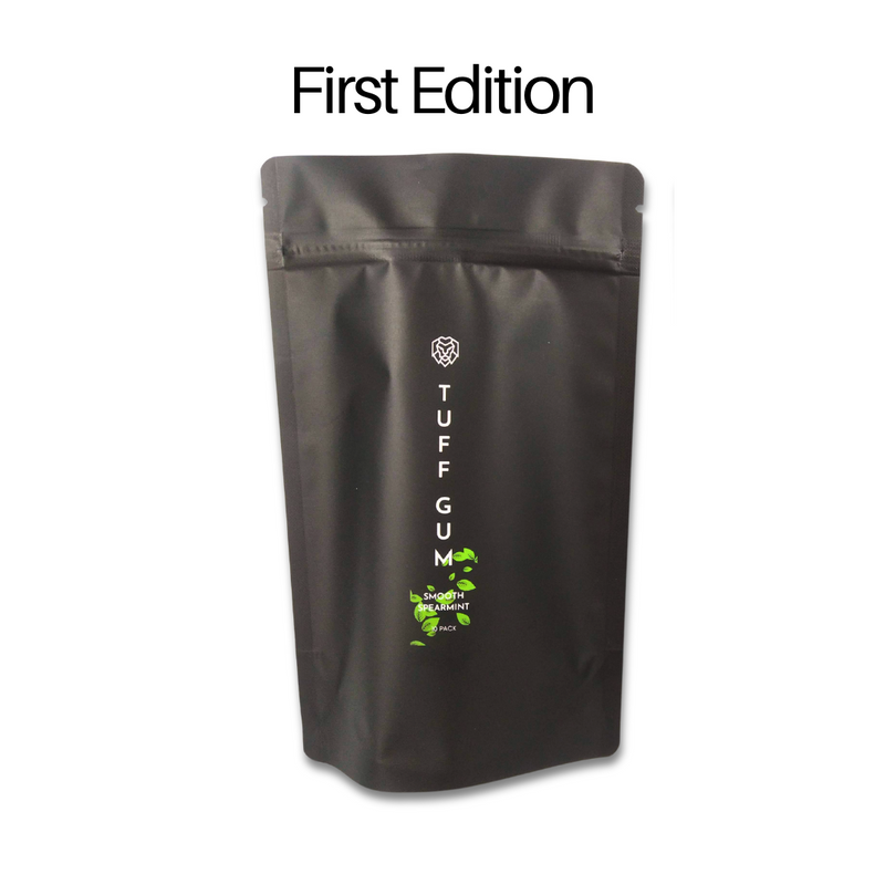 The first edition Tuff Gum pouch, black, with the name printed vertically